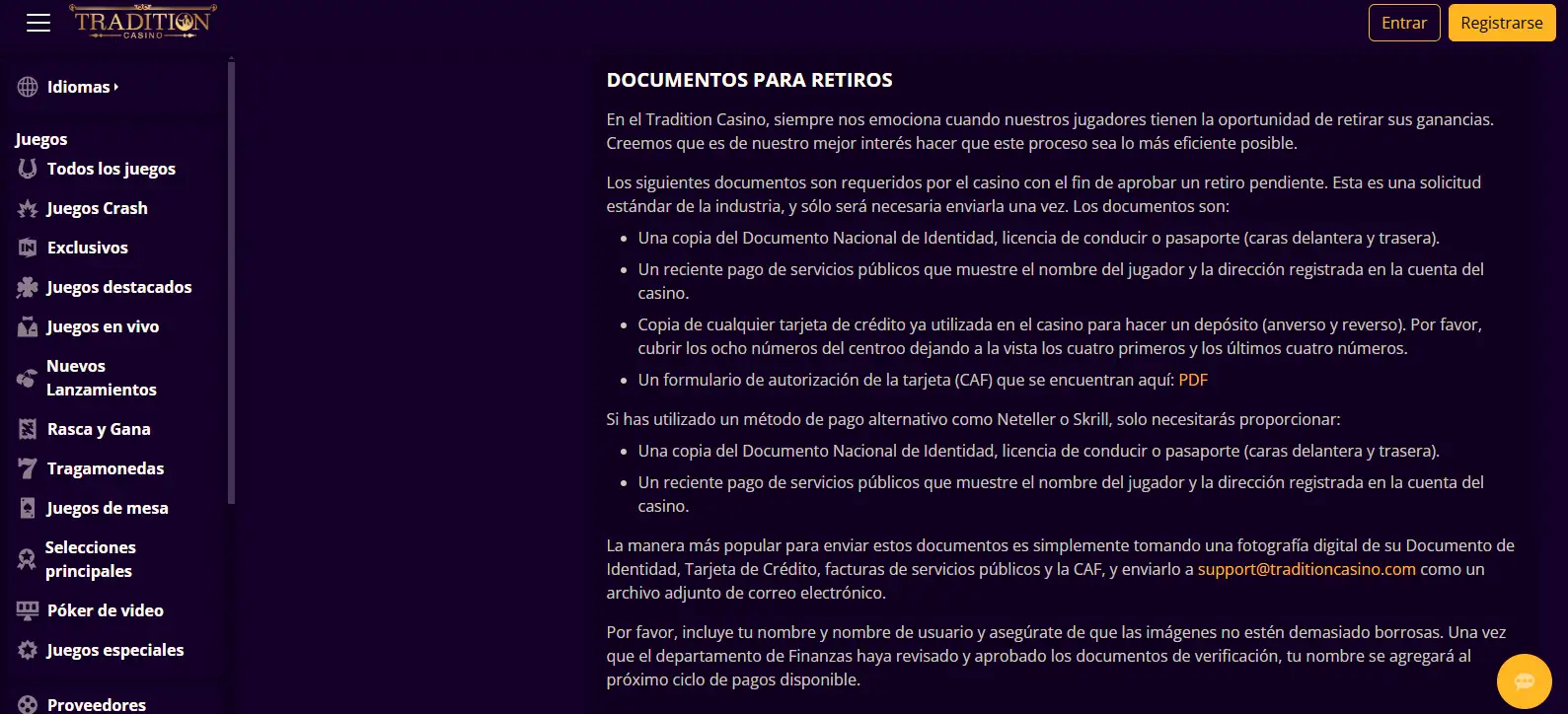 Registro y verificación en Tradition Casino: cuenta, KYC y soporte