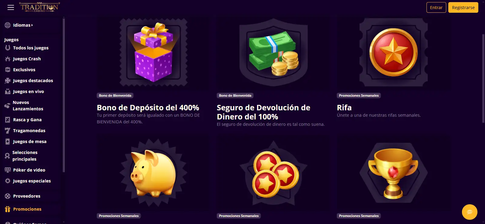 Bonos de Tradition Casino: 400 %, cashback y promociones