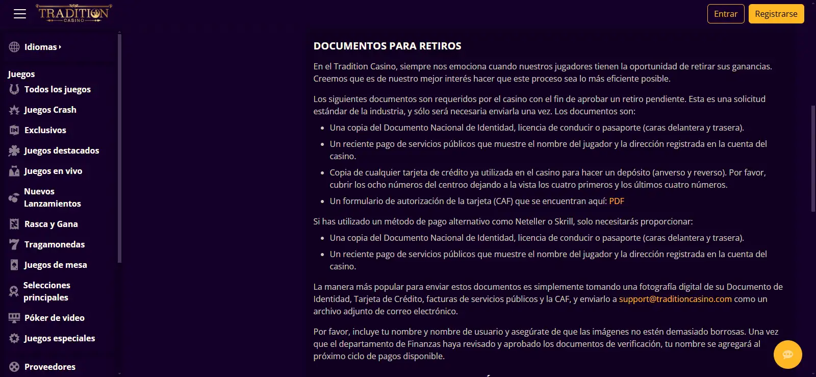 Condiciones de retirada de Tradition Casino